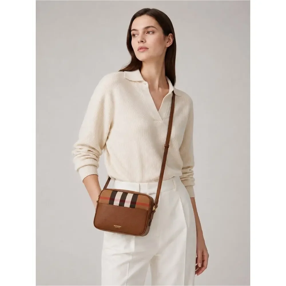 Burberry Brown Leather camera Bag with Signature Check